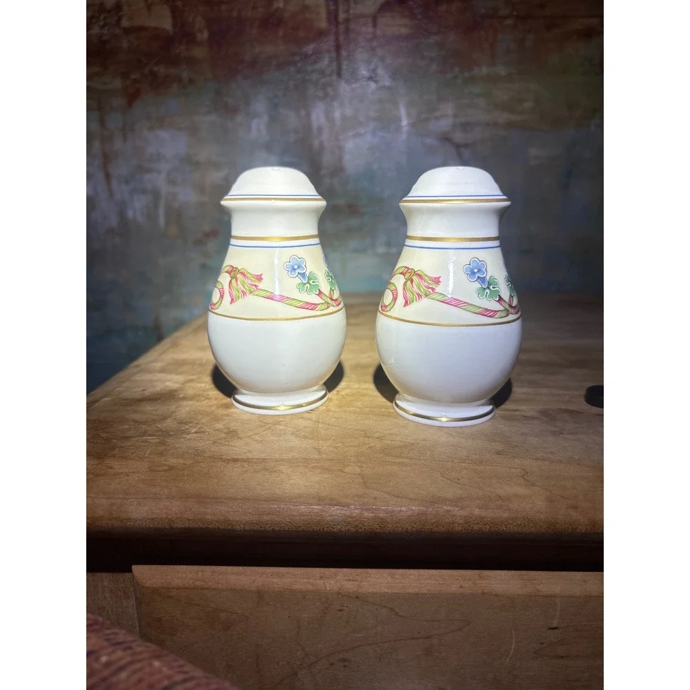 Floral Porcelain Salt and Pepper Shaker Set Gold Trim Pink Lotus Baluster Style